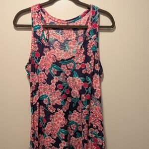 Lilly Pulitzer Floral Tank Top - Pink and Teal Cherry Blossom Sz L Racer Back